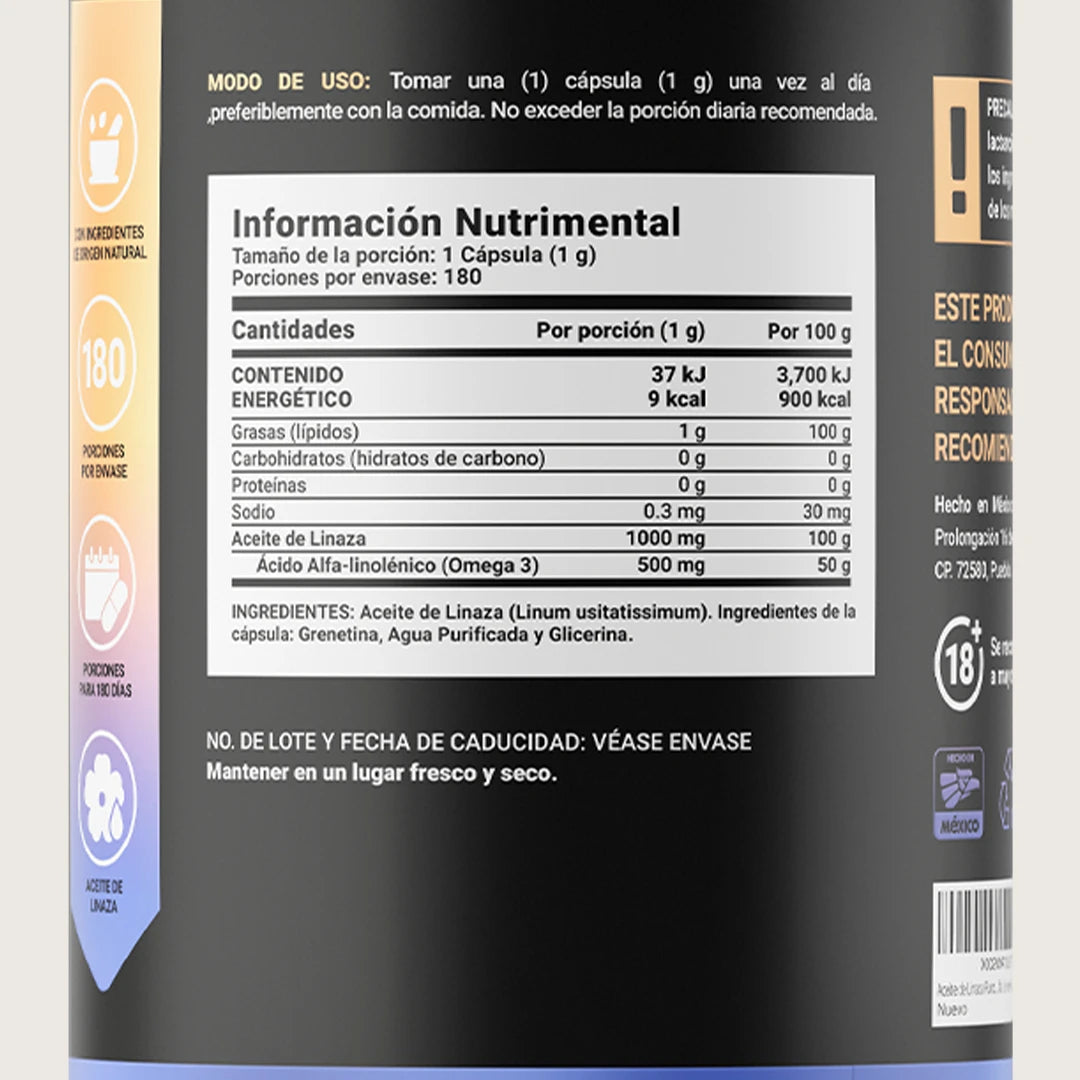 Aceite de Linaza Puro con Omega 3 | Ácido Alfa Linolénico | 180 cápsulas | 1000 mg por porción