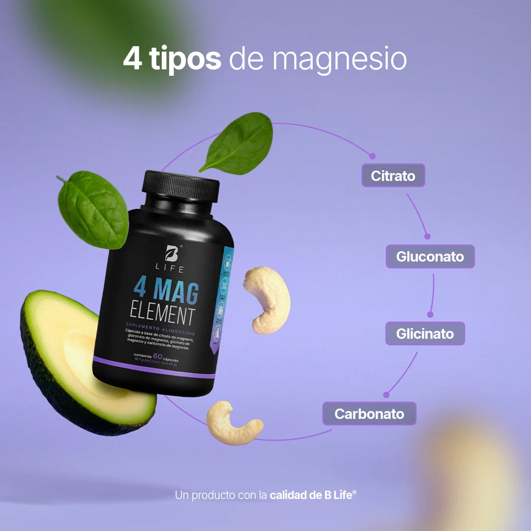 Mezcla de 4 tipos de Magnesio | 1400 mg por porción | 60 cápsulas | B Life
