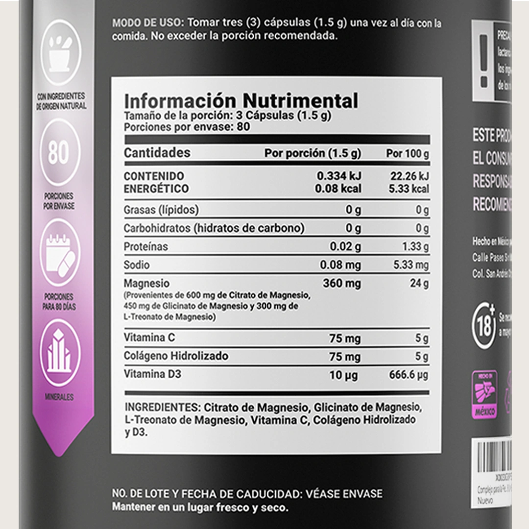 Mezcla de Magensios Premium | Citrato, Glicinato y Treonato | Alta Absorción | 240 cápsulas