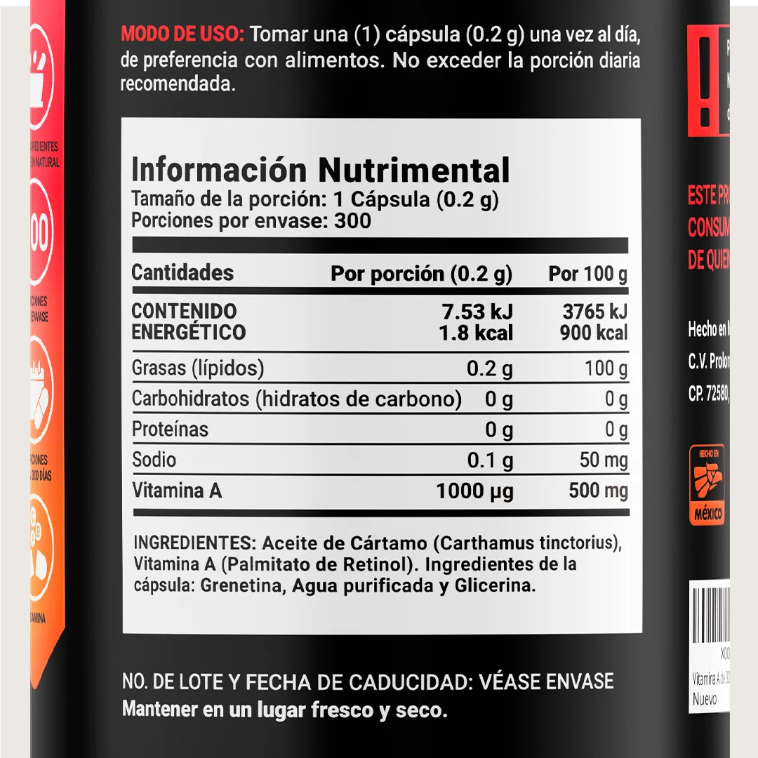 Vitamina A | con Aceite de Cártamo | 1000 mg Porporción | 300 cápsulas