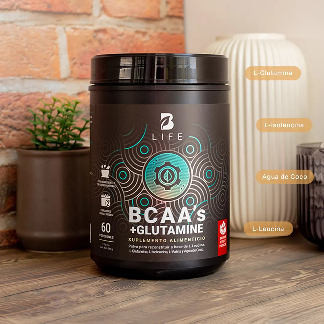 BCAAs con Glutamina en polvo | 558 gr | 60 Porciones | con Glutamina y Agua de Coco | Sabor Ponche de Frutas