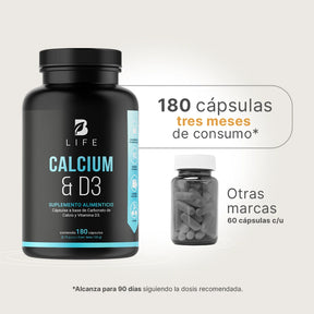 Calcio y Vitamina D3 | 1500 mg por porción | 180 cápsulas | B Life