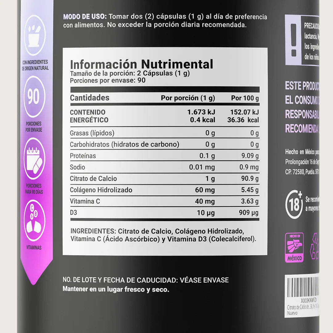 Citrato de Calcio y Vitamina D3 | con Vitamina C | 180 cápsulas