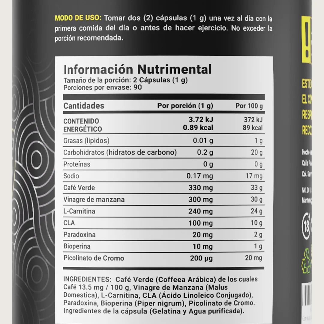 Carnitina | con Café Verde, Vinagre de Manzana, CLA y Picolinato de Cromo | 180 Cápsulas