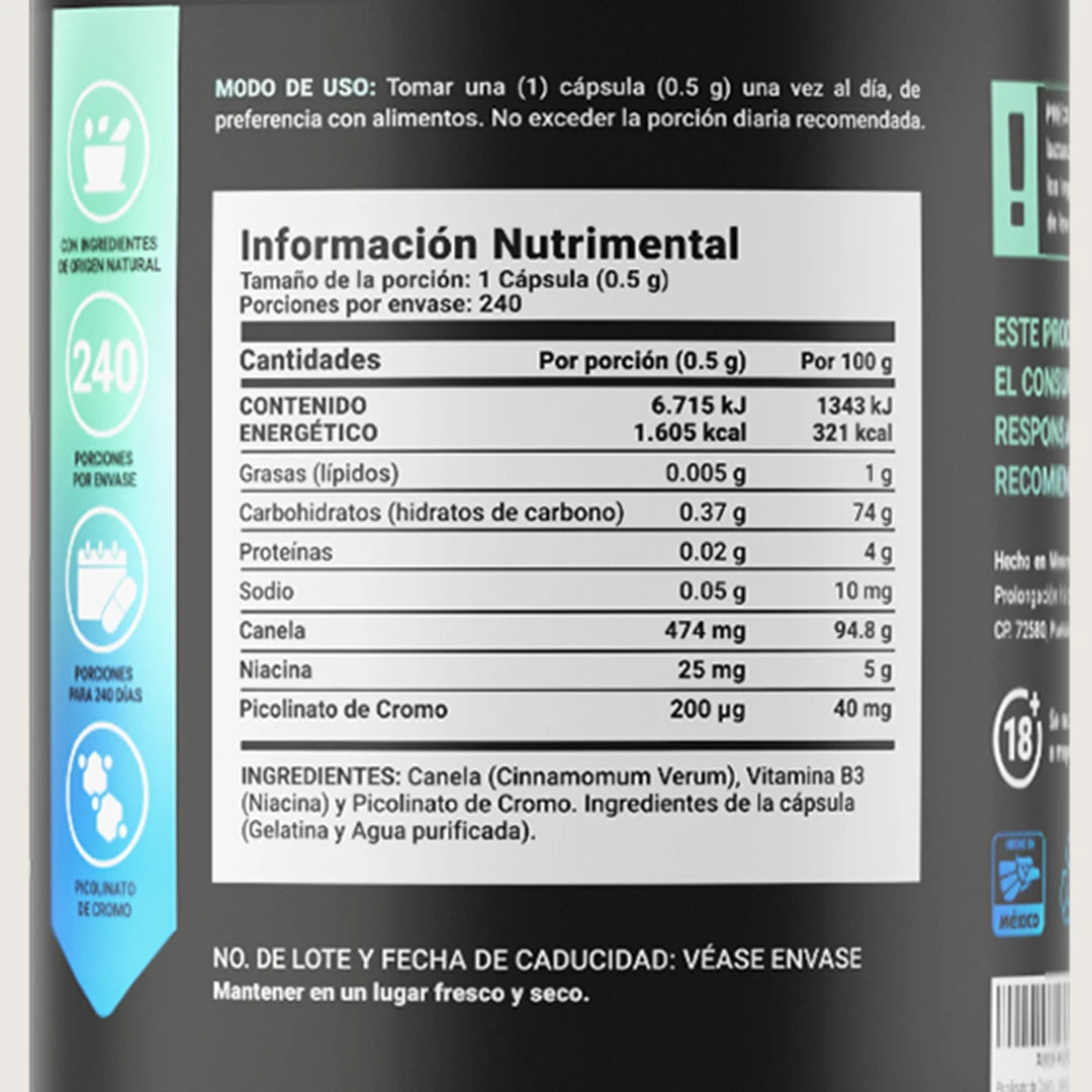 Picolinato de Cromo | Canela y Niacina | 240 cápsulas