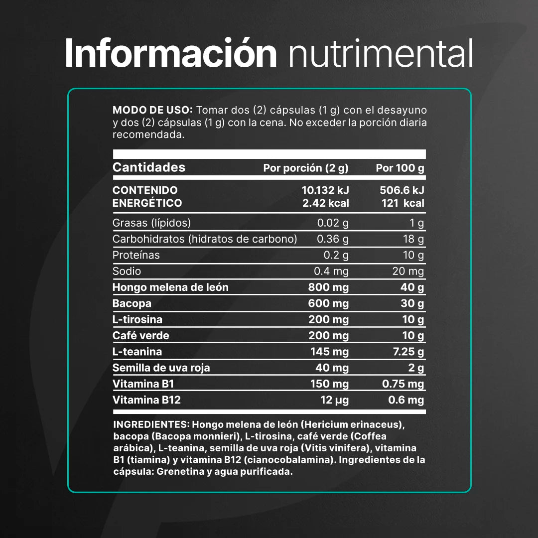 Mezcla Platinum | Hongo Melena de León, Bacopa, Tirosina, Café Verde | 260 cápsulas