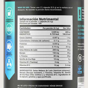 Mezcla de Hongo Melena de León, Bacopa, L-Tirosina, Vitamina B1, Semilla de Uva Roja y Vitamina B12 | B Life