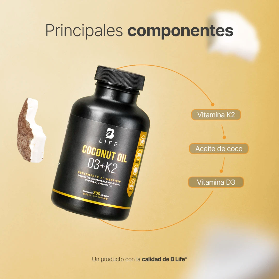 Vitamina D3 + K2 | con Aceite de Coco | 300 cápsulas