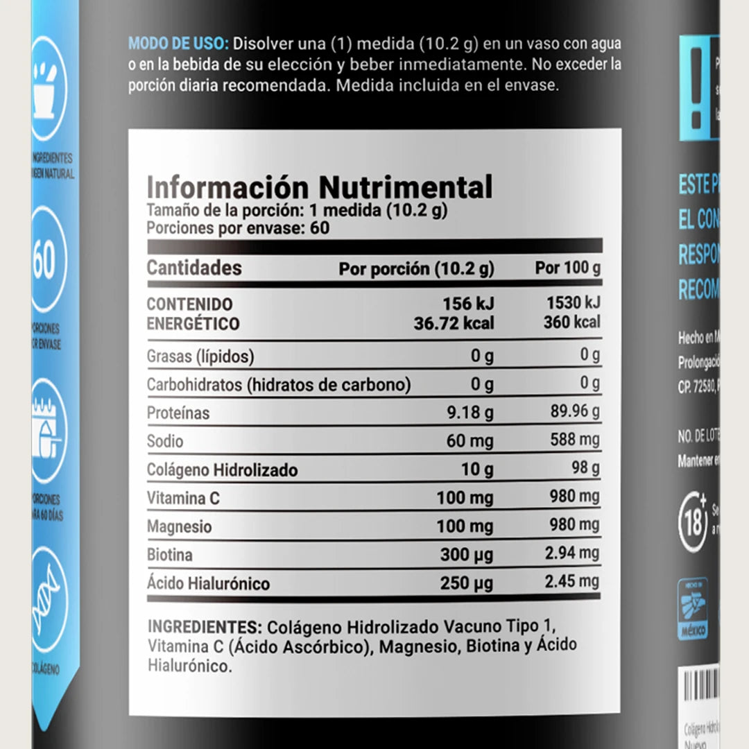 Colágeno Hidrolizado en polvo | Con Biotina y Acido Hialurónico | 60 porciones