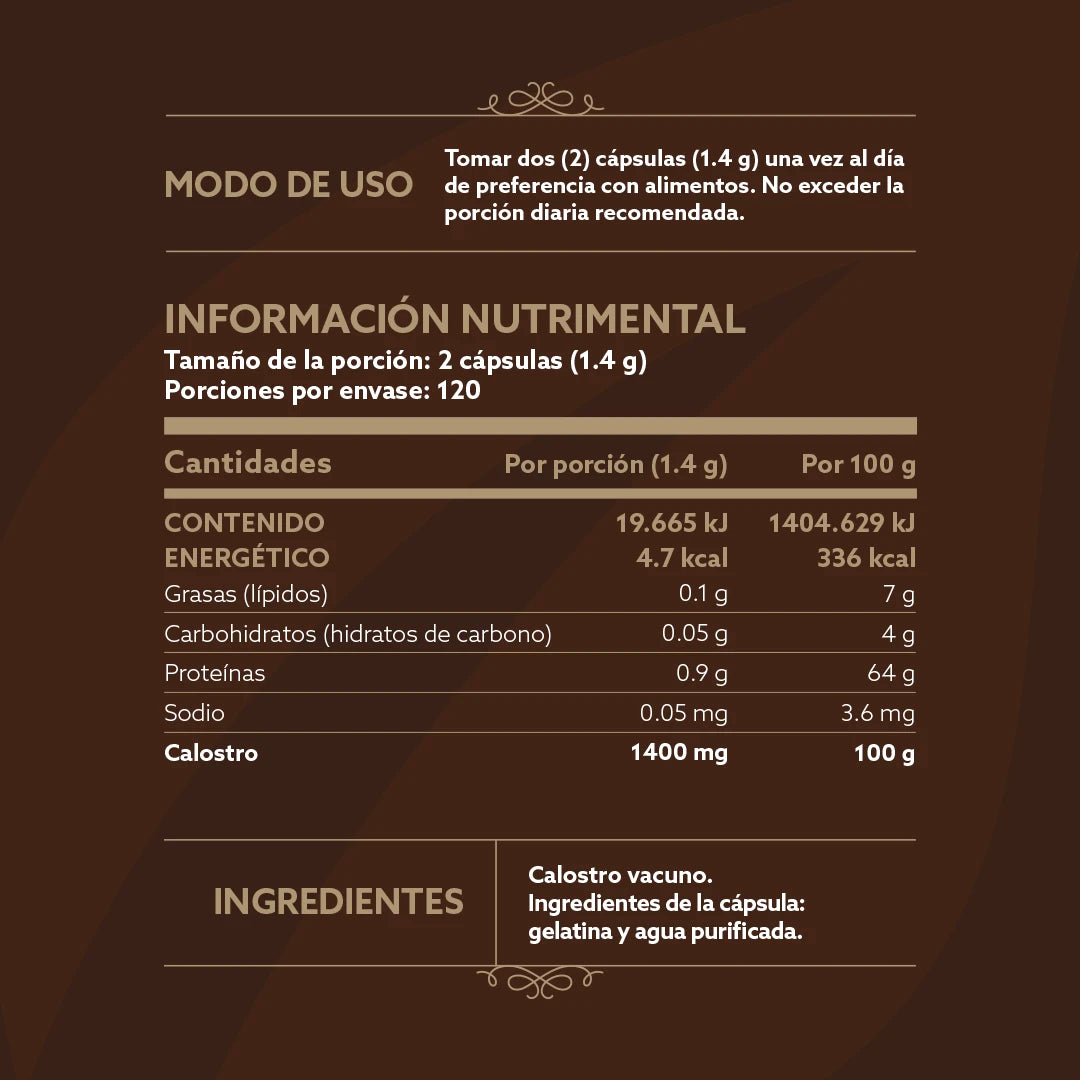 Calostro Vacuno | Concentrado de Nutrientes de la Primera Lactancia | 240 Cápsulas | 1400 mg por porción