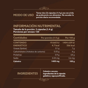 Calostro Vacuno | Concentrado de Nutrientes de la Primera Lactancia | 240 Cápsulas | 1400 mg por porción