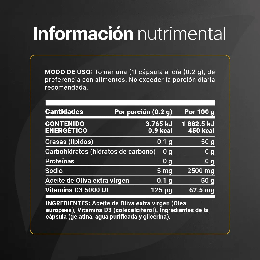 Vitamina D3 con Aceite de Oliva Extra Virgen 5000 UI | 300 cápsulas