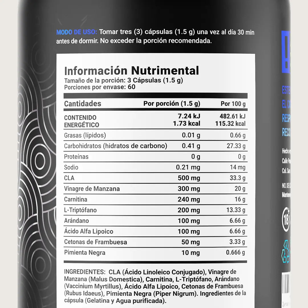 Fórmula a base de CLA, Vinagre de Manzana, Carnitina y Cetonas de Frambuesa | 180 cápsulas |