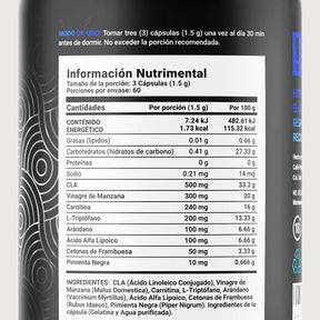 Fórmula a base de CLA, Vinagre de Manzana, Carnitina y Cetonas de Frambuesa | 180 cápsulas |