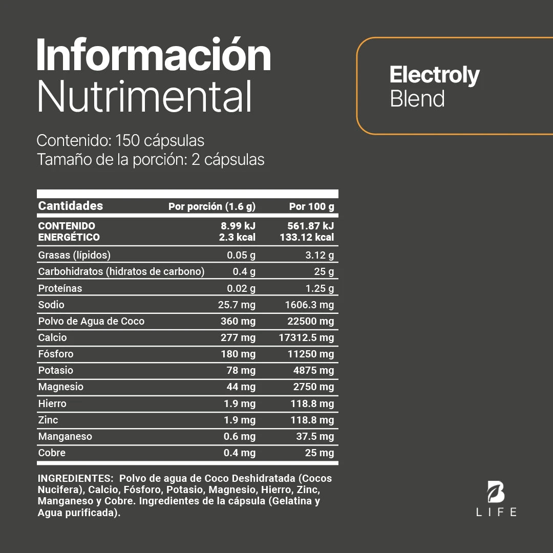 Electrolitos en cápsula | con polvo de Agua de Coco, Potasio, Magnesio, Hierro y Zinc | 150 Cápsulas
