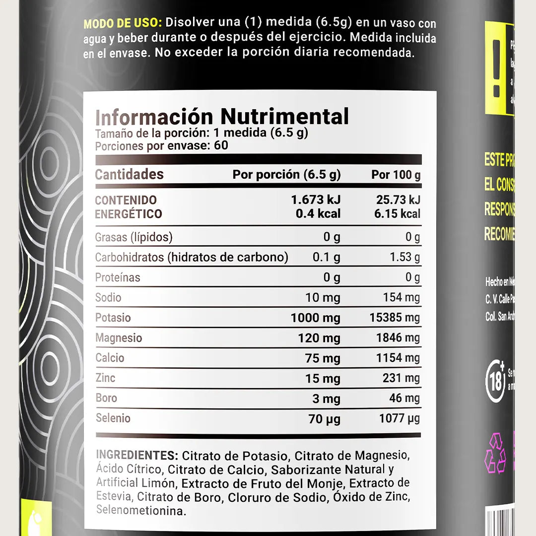 Electrolitos Sin Azúcar | con Citrato de Potasio, Magnesio, Calcio, Sodio, Zinc | Sabor Lemon | 60 servicios