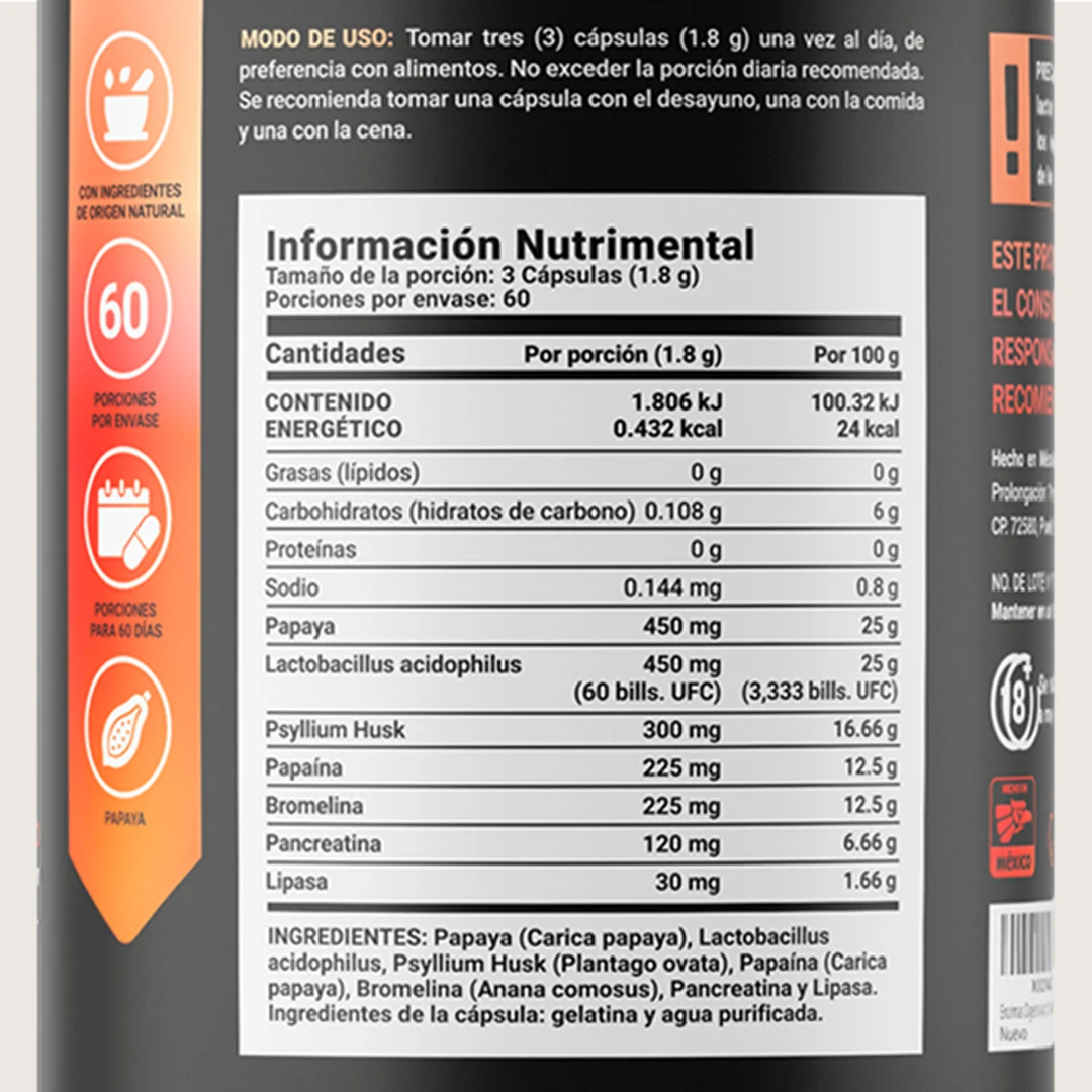 Enzimas Digestivas | con Probióticos, Papaya y Psyllium Husk | 180 Cápsulas | 1800 mg por porción