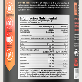 Enzimas Digestivas | con Probióticos, Papaya y Psyllium Husk | 180 Cápsulas | 1800 mg por porción