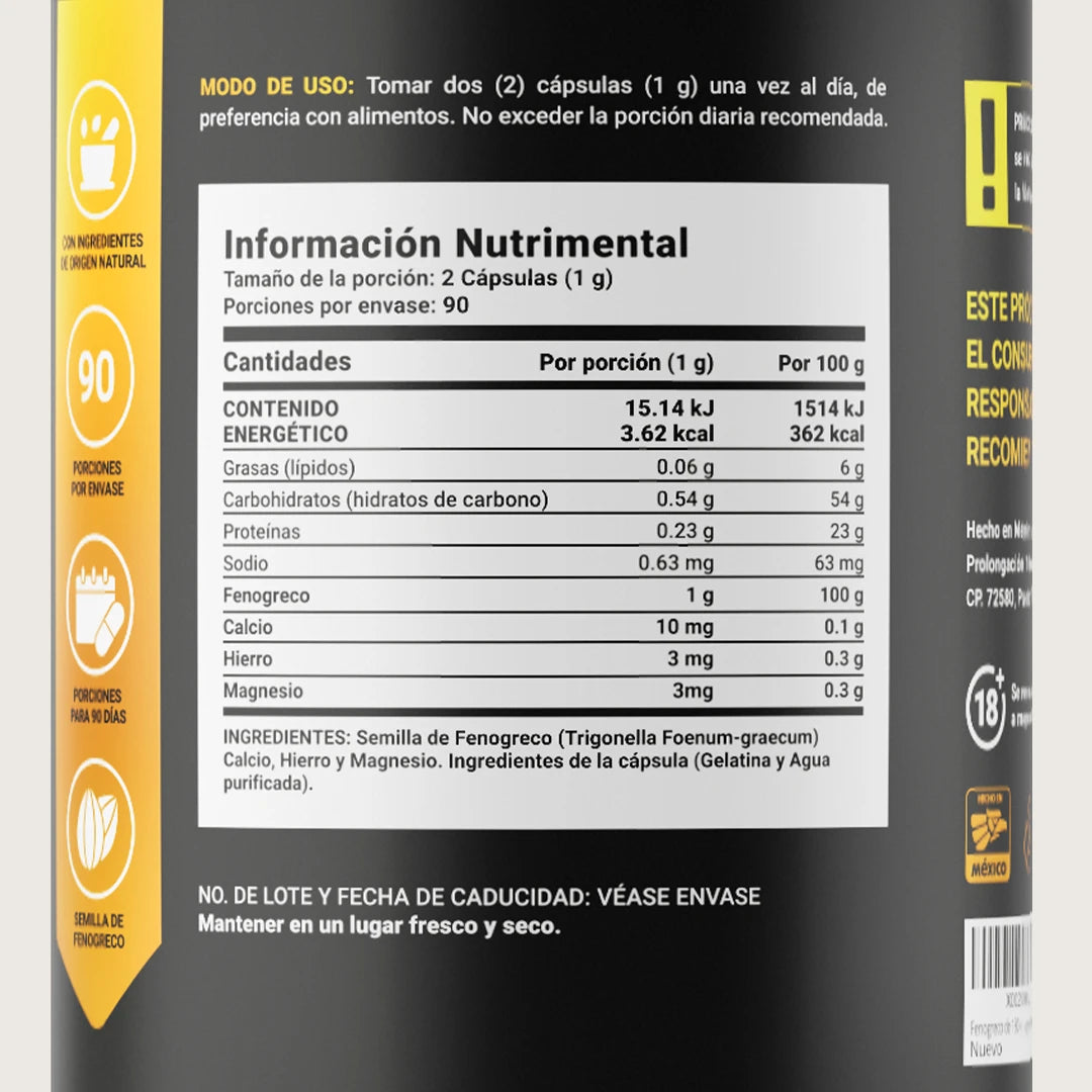 Fenogreco | con Calcio, Hierro y Magnesio | 180 Cápsulas 1000 mg por porción