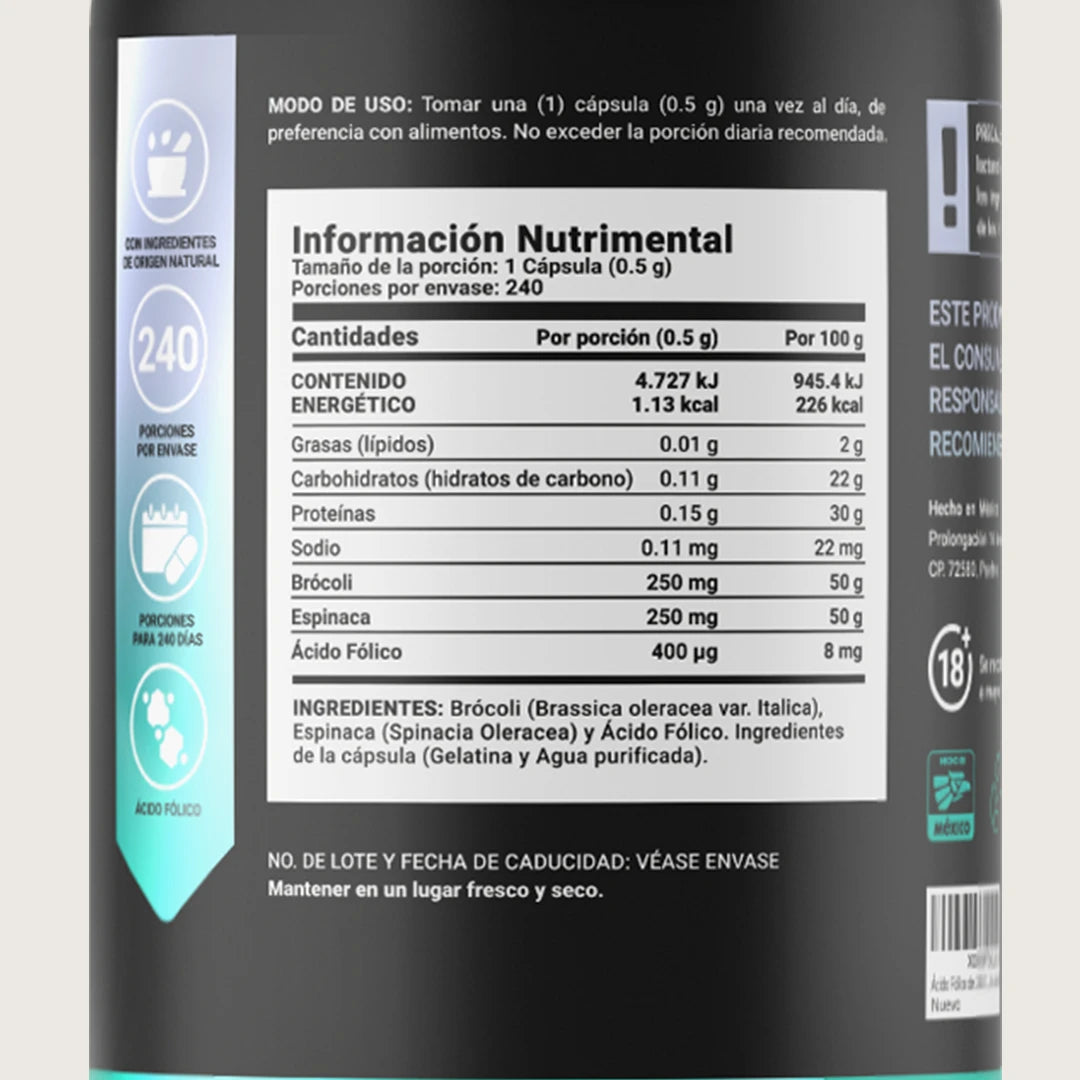 Ácido Fólico | con Brócoli y Espinaca | 240 Cápsulas