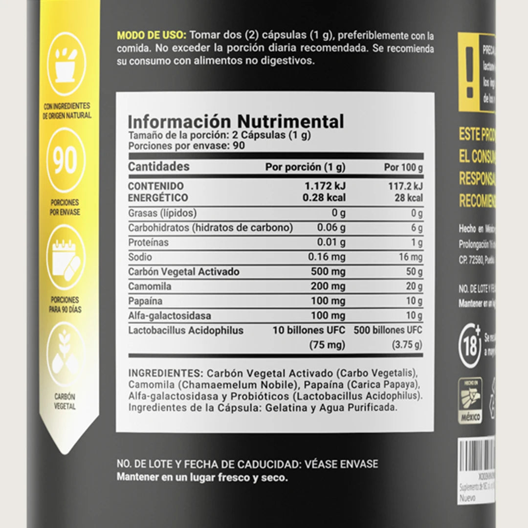 Mezcla de Carbón Vegetal, Camomila, Papaína, Alfa-Galactosidasa y Probióticos | 180 cápsulas