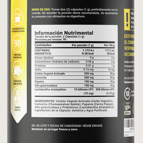 Mezcla de Carbón Vegetal, Camomila, Papaína, Alfa-Galactosidasa y Probióticos | 180 cápsulas