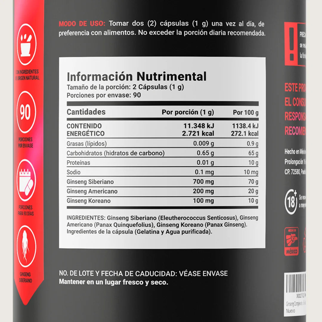 Mezcla de Ginseng | origen Siberiano, Americano y Koreano | 180 Cápsulas | 1000 mg por porción