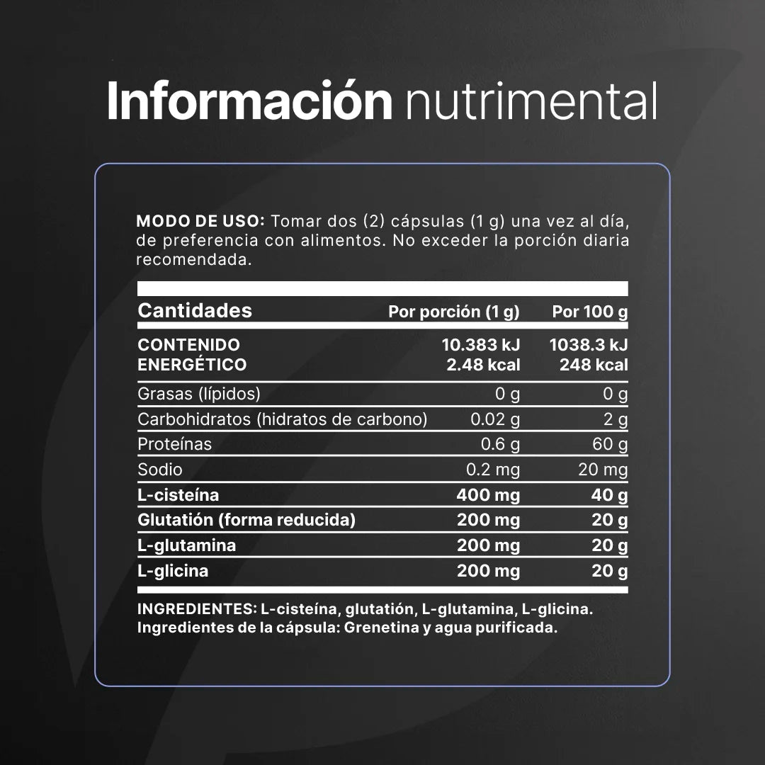 Glutatión con L-Cisteína, L-Glutamina y L-Glicina | 1000 mg por Porción | 180 Cápsulas