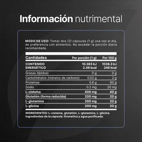 Glutatión con L-Cisteína, L-Glutamina y L-Glicina | 1000 mg por Porción | 180 Cápsulas