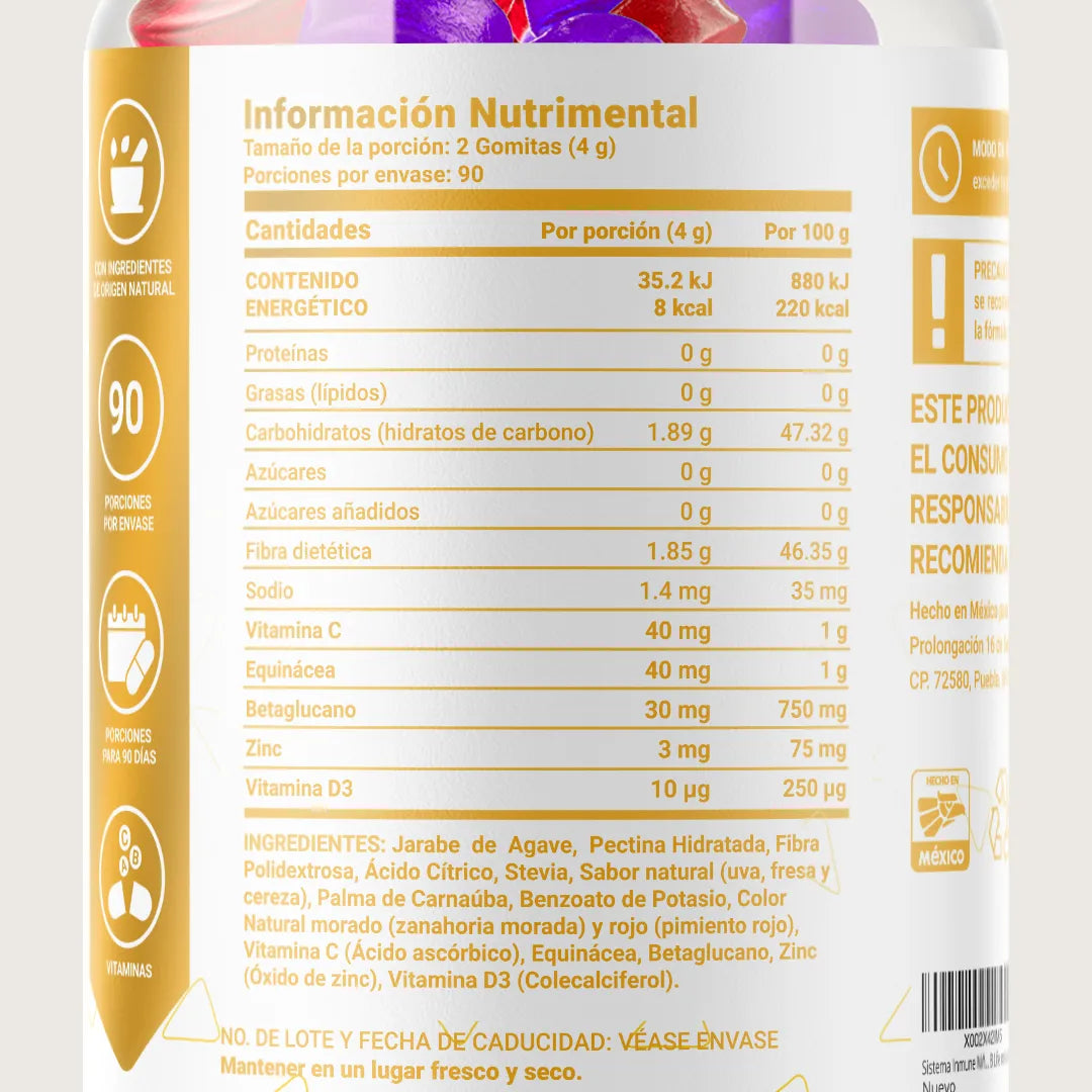 Vitaminas en Gomitas | Vitamina C, D3, Echinacea y Zinc | Sin Azúcar Añadida | 180 gomitas