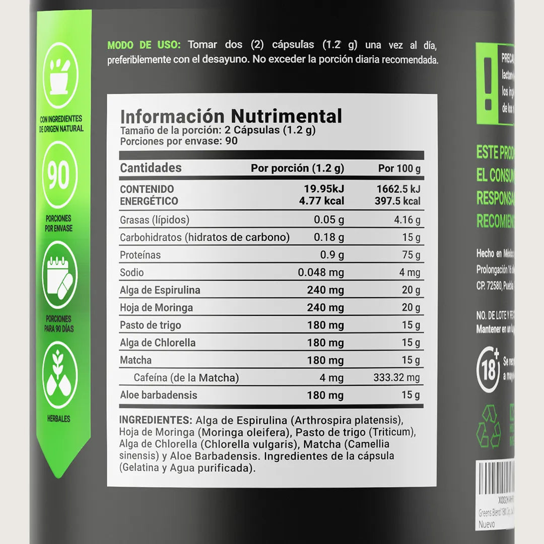 Mezcla Herbal con Espirulina, Moringa, Wheatgrass, Clorela, Matcha y Aloe Vera | 180 Cápsulas