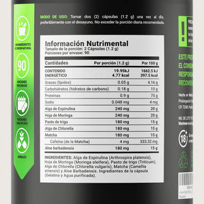 Mezcla Herbal con Espirulina, Moringa, Wheatgrass, Clorela, Matcha y Aloe Vera | 180 Cápsulas