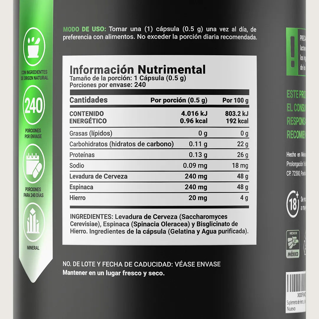 Hierro | Adicionado con Levadura de Cerveza y Espinaca | 240 cápsulas