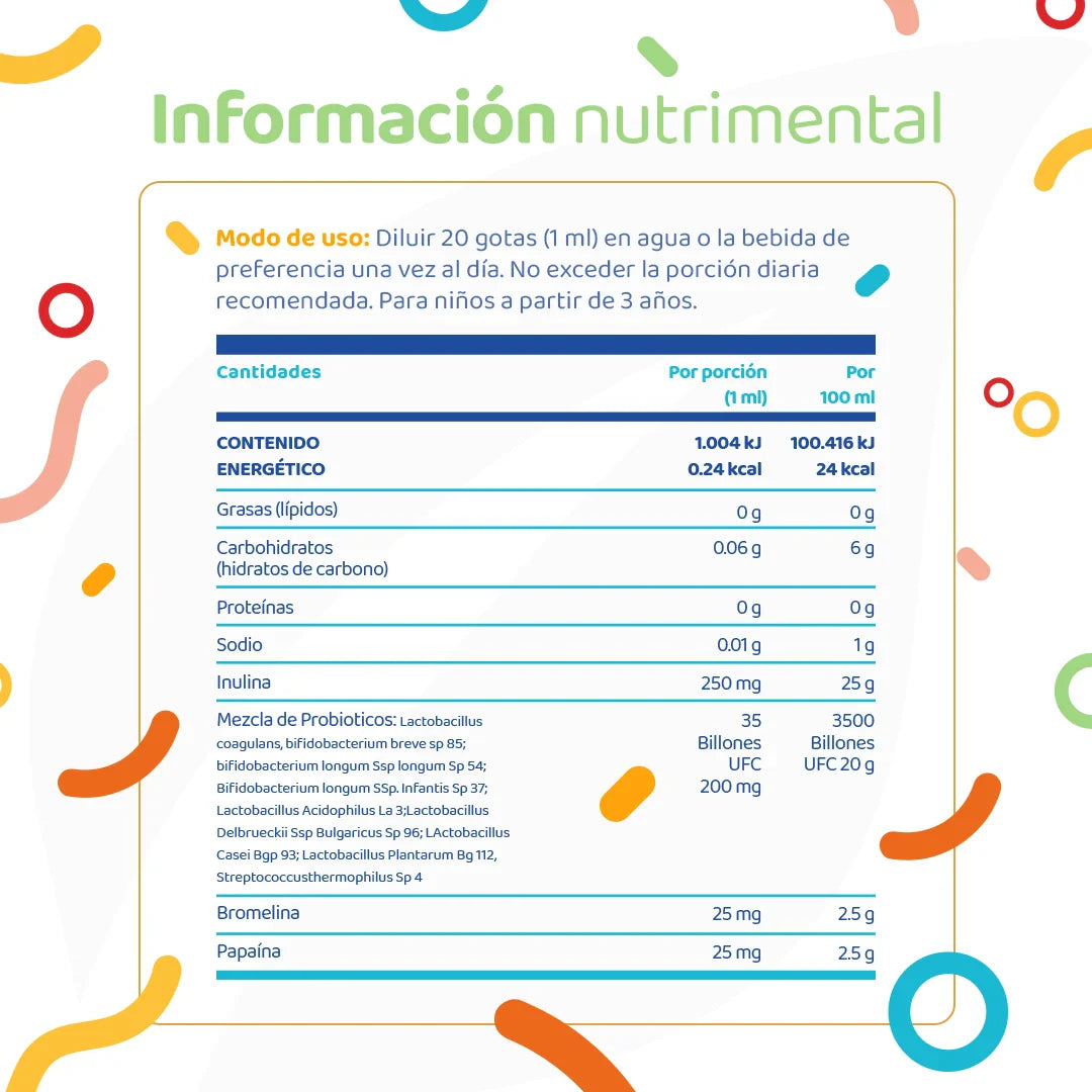 Probióticos en Gotas con 9 Cepas, Inulina y Bromelina | 35 Billones por Porción | Probióticos para Niños | 60 Tomas Sabor Cereza