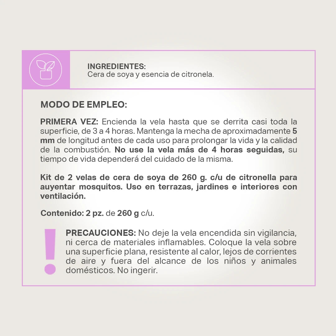 Kit 2 Pack Citronella Candle | Velas de Citronela 260 g c/u