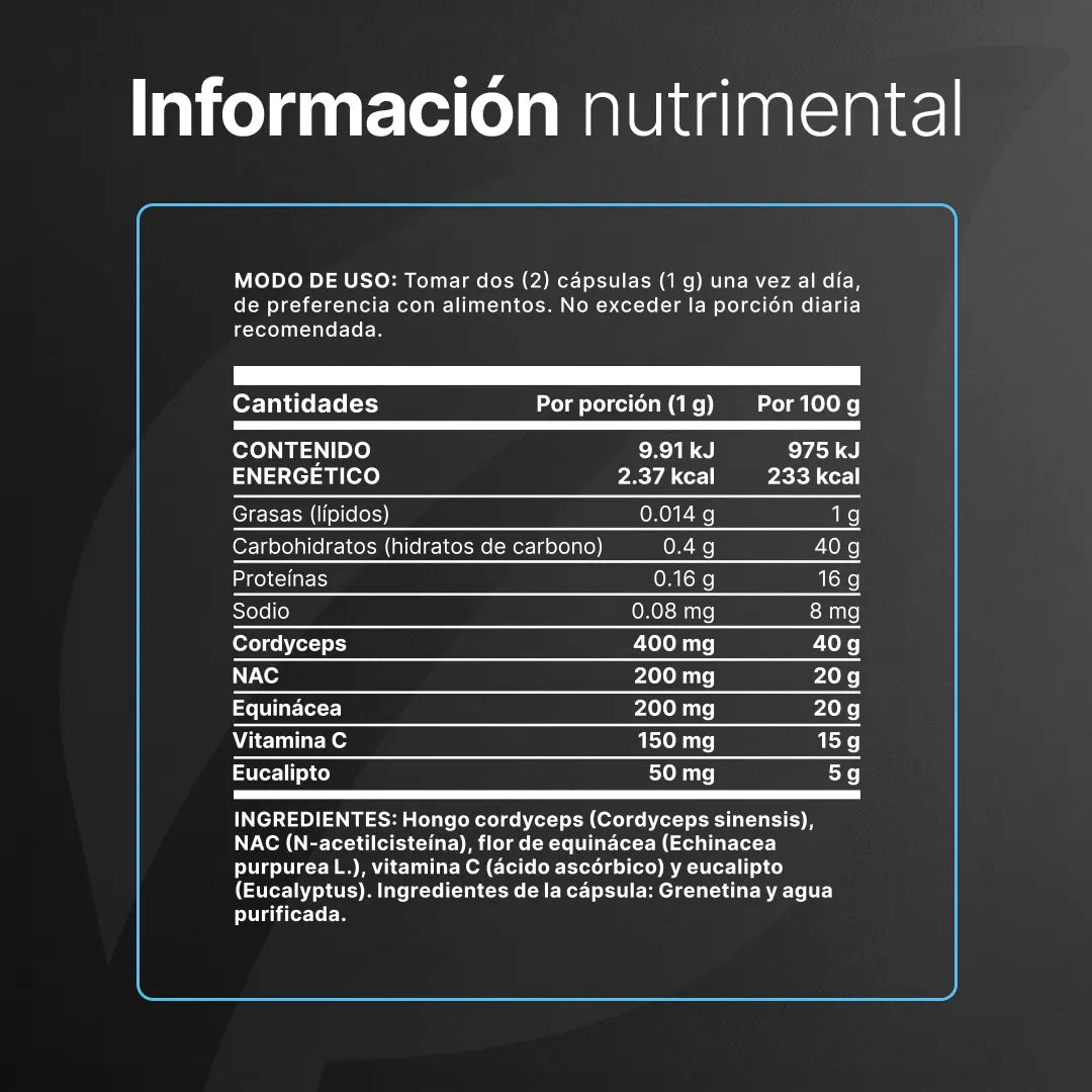 Mezcla con Cordyceps, NAC, Equinácea, Vitamina C y Eucalipto | 1000 mg por porción | 180 Cápsulas