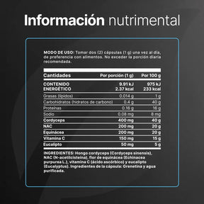Mezcla con Cordyceps, NAC, Equinácea, Vitamina C y Eucalipto | 1000 mg por porción | 180 Cápsulas