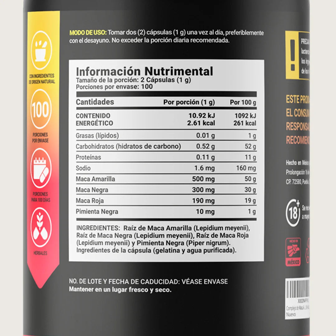 Complejo de Maca Amarilla, Negra y Roja con Pimienta Negra | 1000 mg por Porción