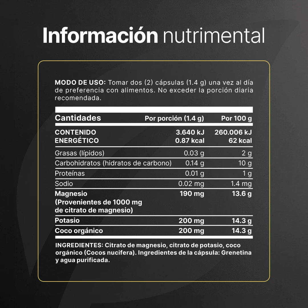 Magnesio y Potasio | Adicionado con coco orgánico | 240 Cápsulas | 1400 mg por porción