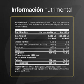 Magnesio y Potasio | Adicionado con coco orgánico | 240 Cápsulas | 1400 mg por porción