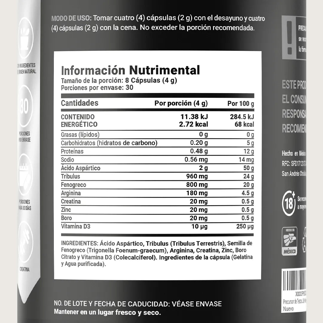 Fórmula Avanzada Platinum para Hombre | con Fenogreco, Creatina, Aminoácidos, Vitaminas y Minerales | 240 Cápsulas | 4000 mg por porción