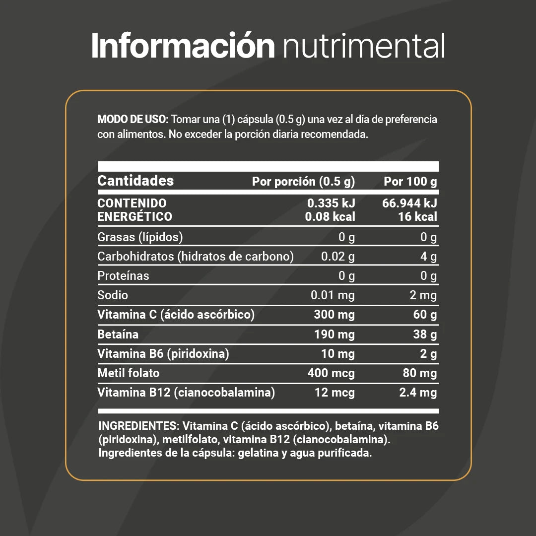 Mezcla con Metilfolato, Vitamina C, B6 y B12 | 500 mg por Cápsula | 180 Cápsulas