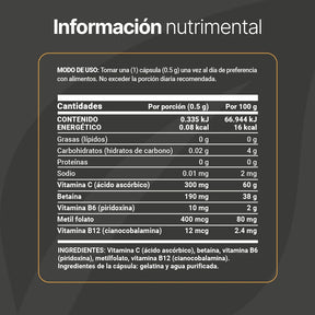 Mezcla con Metilfolato, Vitamina C, B6 y B12 | 500 mg por Cápsula | 180 Cápsulas