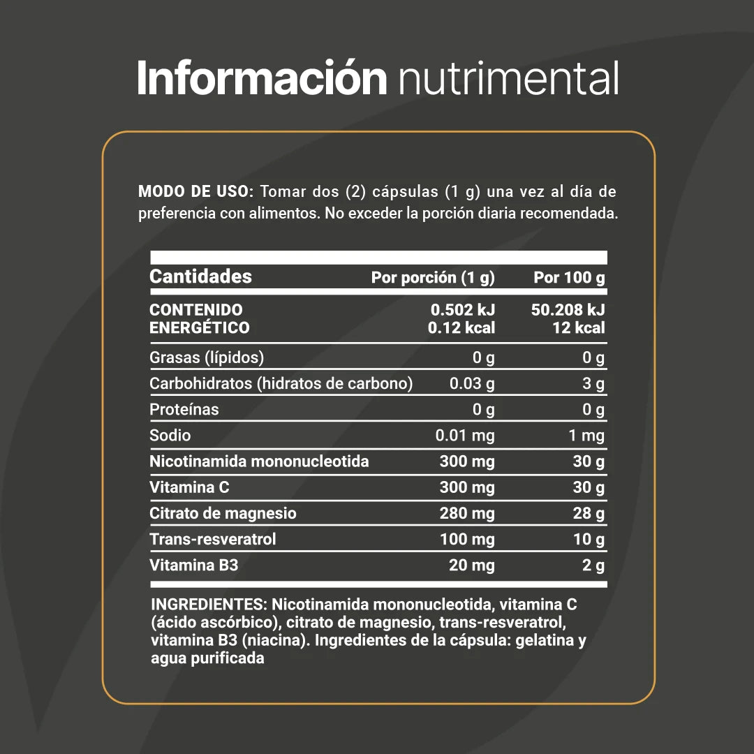 Formula N.M.N | con Trans-Resveratrol, Vitamina C, Citrato de Magnesio y Vitamina B3 | 180 Cápsulas | 1000 mg por Porción