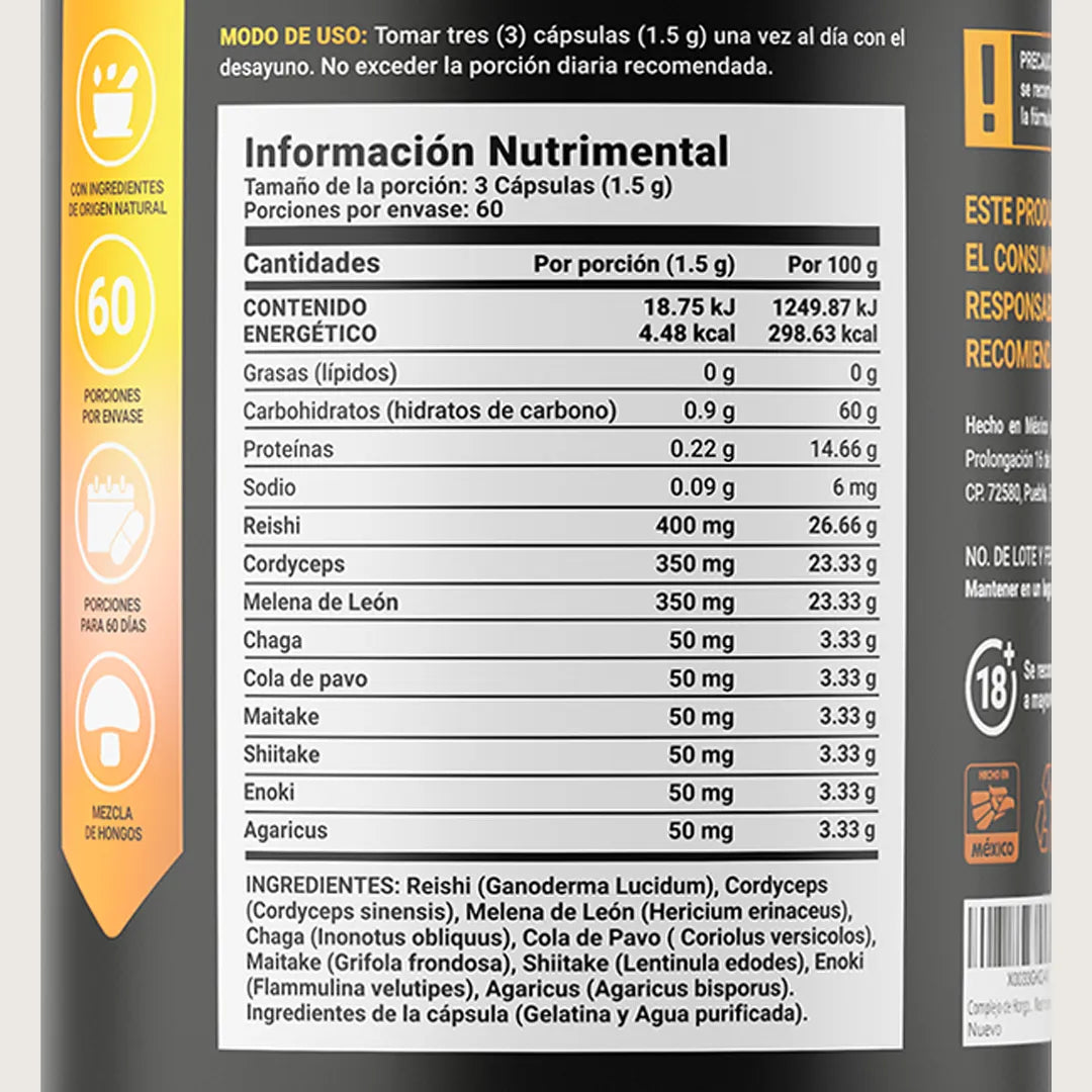 Mezcla de Hongos Adaptogenos | Melena de León, Reishi, Cordyceps, Chaga | 1500 mg por porción Mushroom Blend | Mezcla de Hongos