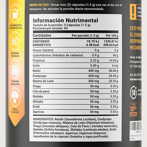 Mezcla de Hongos Adaptogenos | Melena de León, Reishi, Cordyceps, Chaga | 1500 mg por porción Mushroom Blend | Mezcla de Hongos