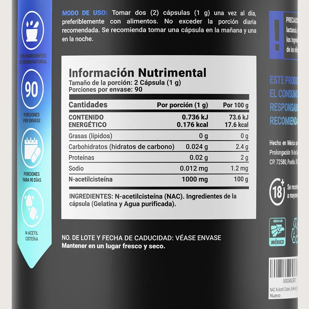 NAC N-Acetil Cisteína | 500 mg por Porción | 180 Cápsulas