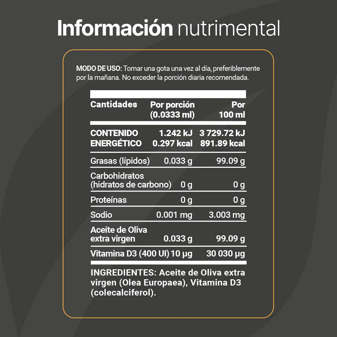 Vitamina D3 en Gotas con Aceite de Oliva | 400 UI | para Mayores de 3 Años
