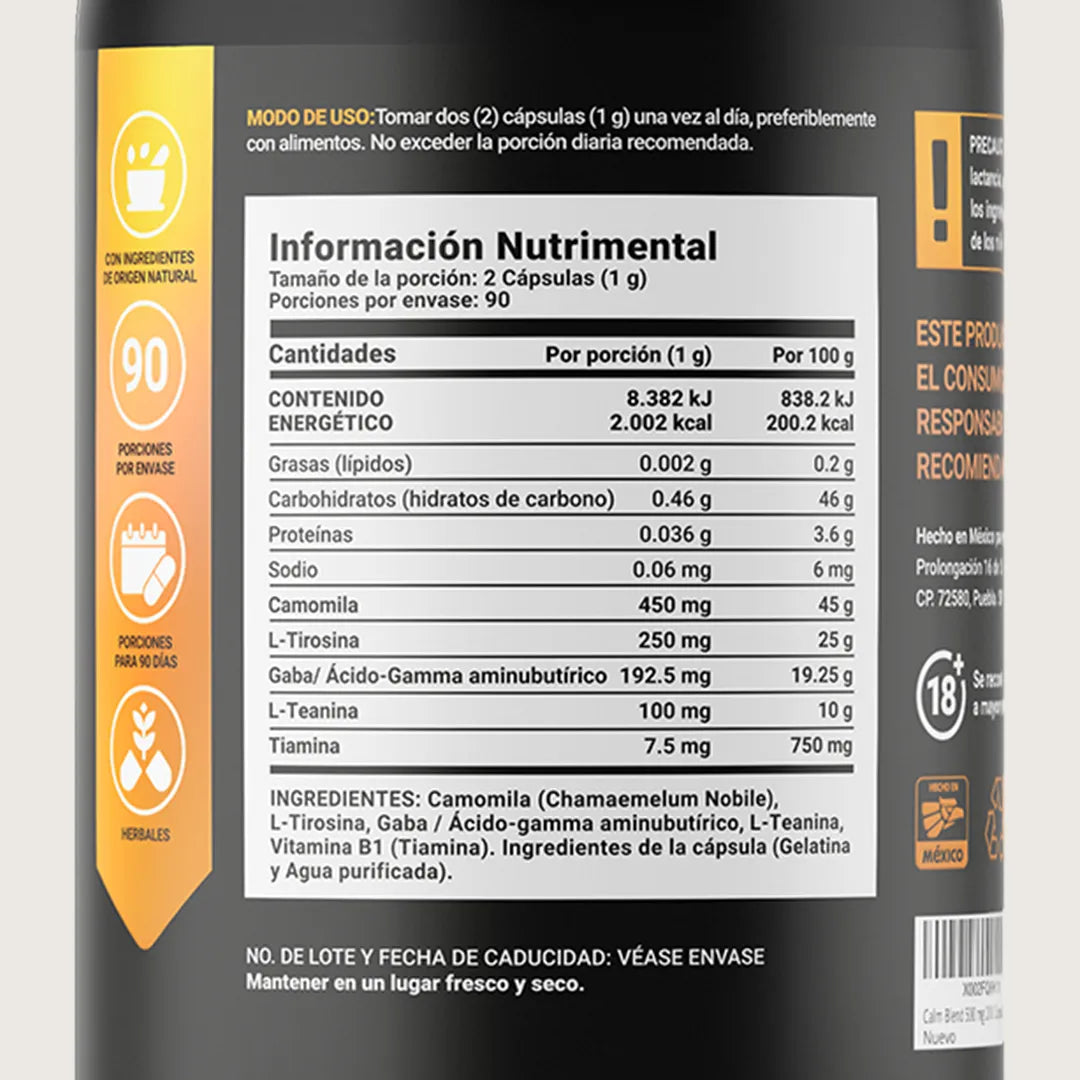 GABA con Camomila, L-Tirosina, L-Teanina y Vitamina B1 | 500 mg por porción | 180 Cápsulas