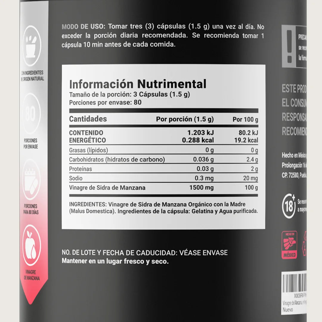 Vinagre de Manzana Orgánico con Cultivo “La Madre” | Fórmula Platinum | 240 cápsulas